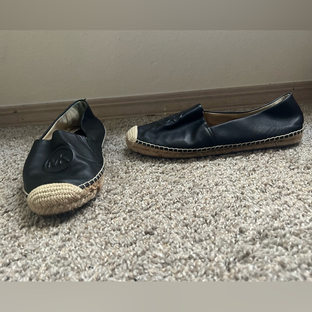 Michael Kors Black Leather Hastings SlipOn Espadrille Cotton Jute Logo Front 9.5